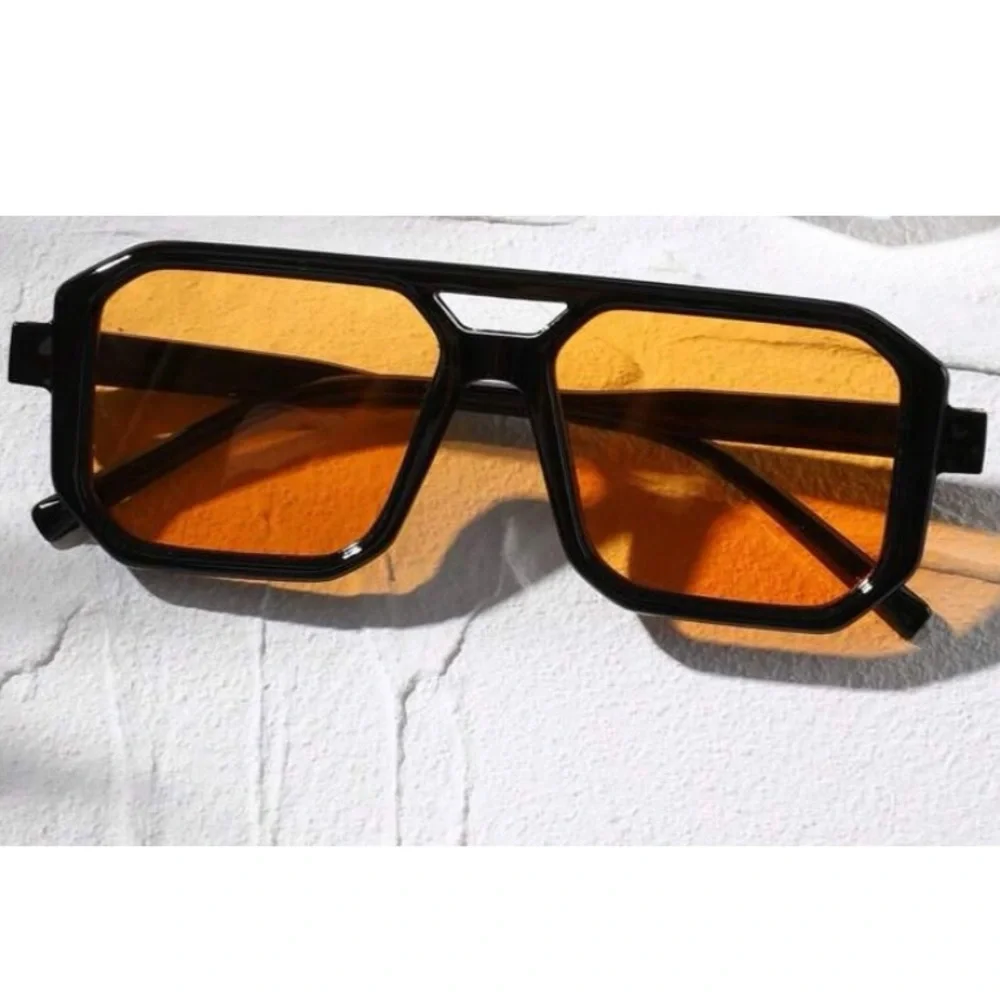 BOGO! Oversized Black & Amber Square Aviator Frame Sunglasses Trendy Shades New